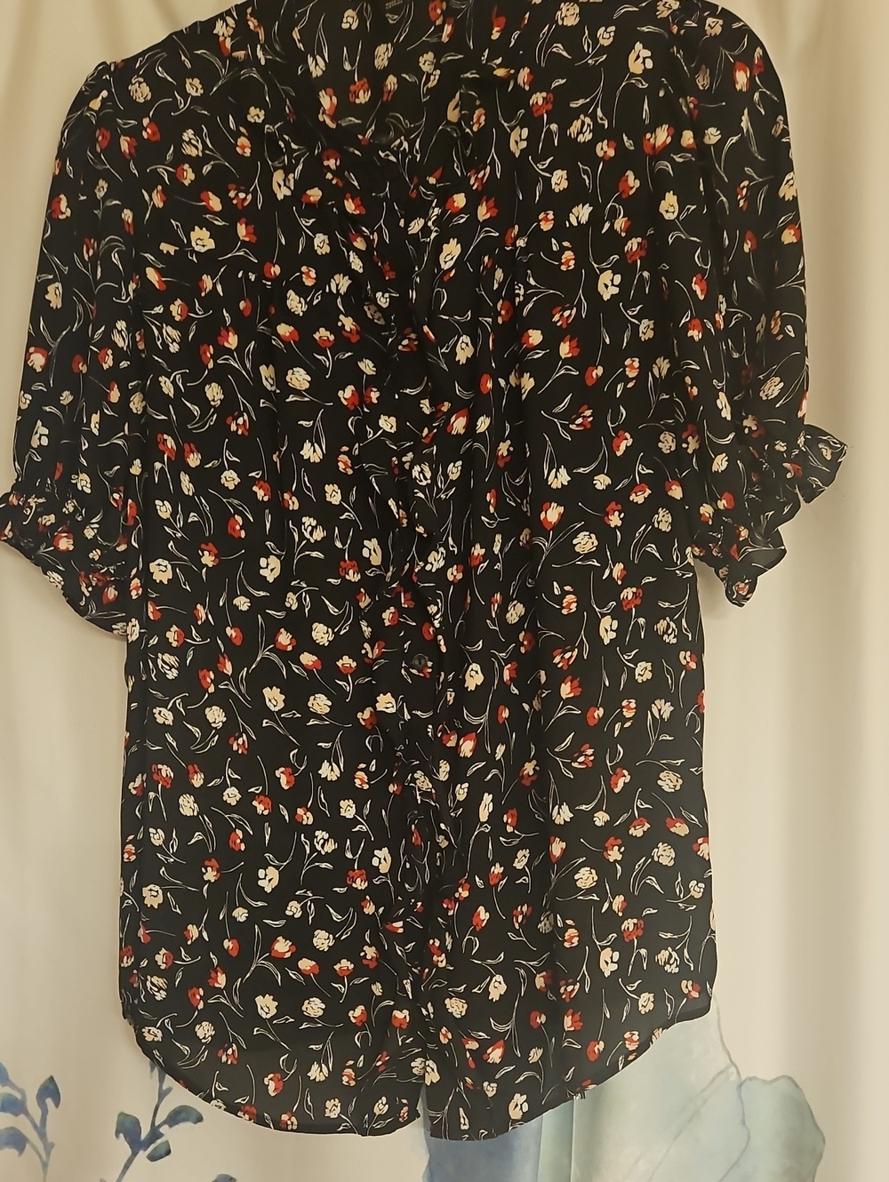 Worthington Black Floral Tie-Neck Blouse with Red & Cream Accents